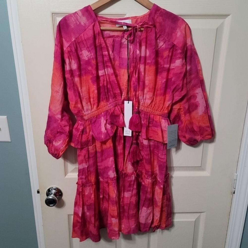 NWT NSR Nordstrom‎ Fuchsia Orange Dyed Cotton Peasant Dress Womens Size M.